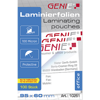 Laminating pouches (100 microns in business card format 95 x 60 mm) 100 pack