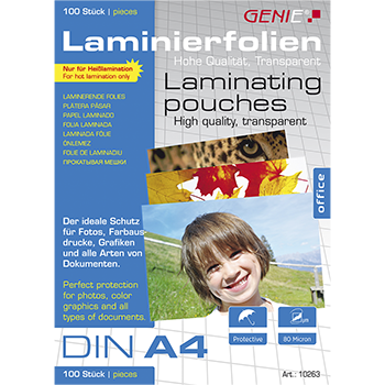 Laminating pouches (DIN A4 80 microns) 100 pack