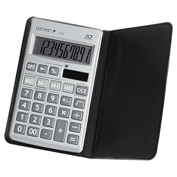 10-digit flat pocket calculator with dual power (solar and battery) and protective case