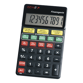 10-digit pocket calculator (button printing on interest rates, maturities, instalments, savings) black