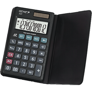 12-digit business calculator with dual power (solar and battery) and protective case