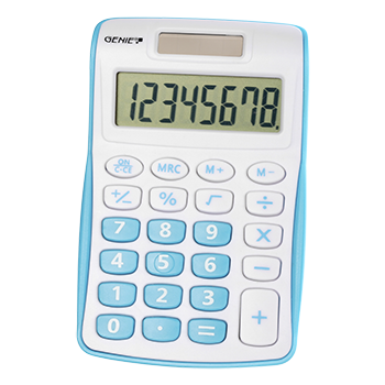 8-digit pocket calculator with dual power (solar and battery), blue