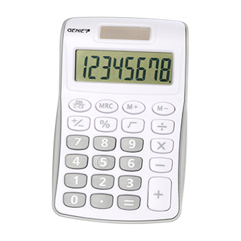 8-digit pocket calculator with dual power (solar and battery), grey