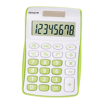 8-digit pocket calculator with dual power (solar and battery), green