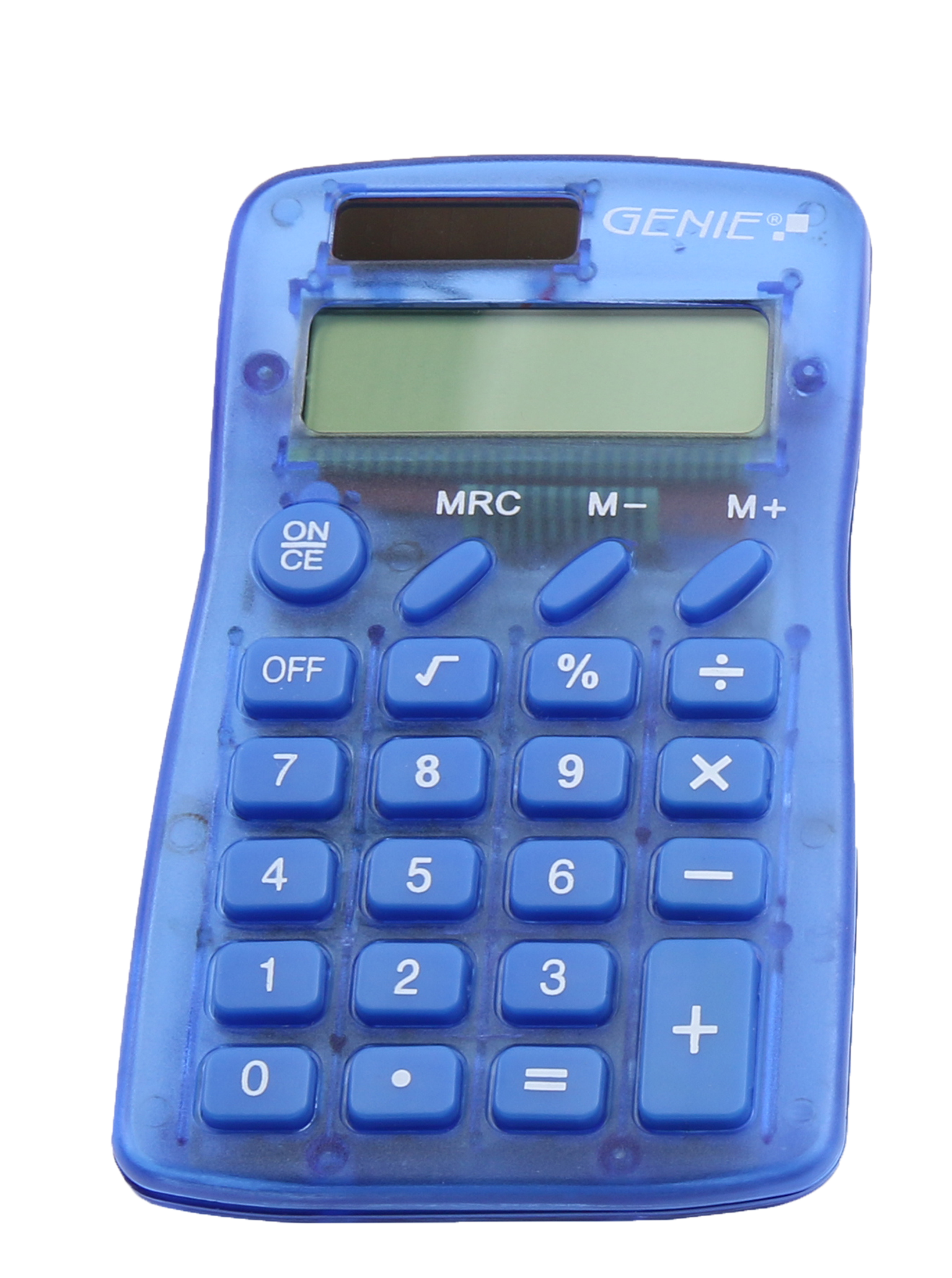 Compact pocket calculator with 8-digit display, translucent housing