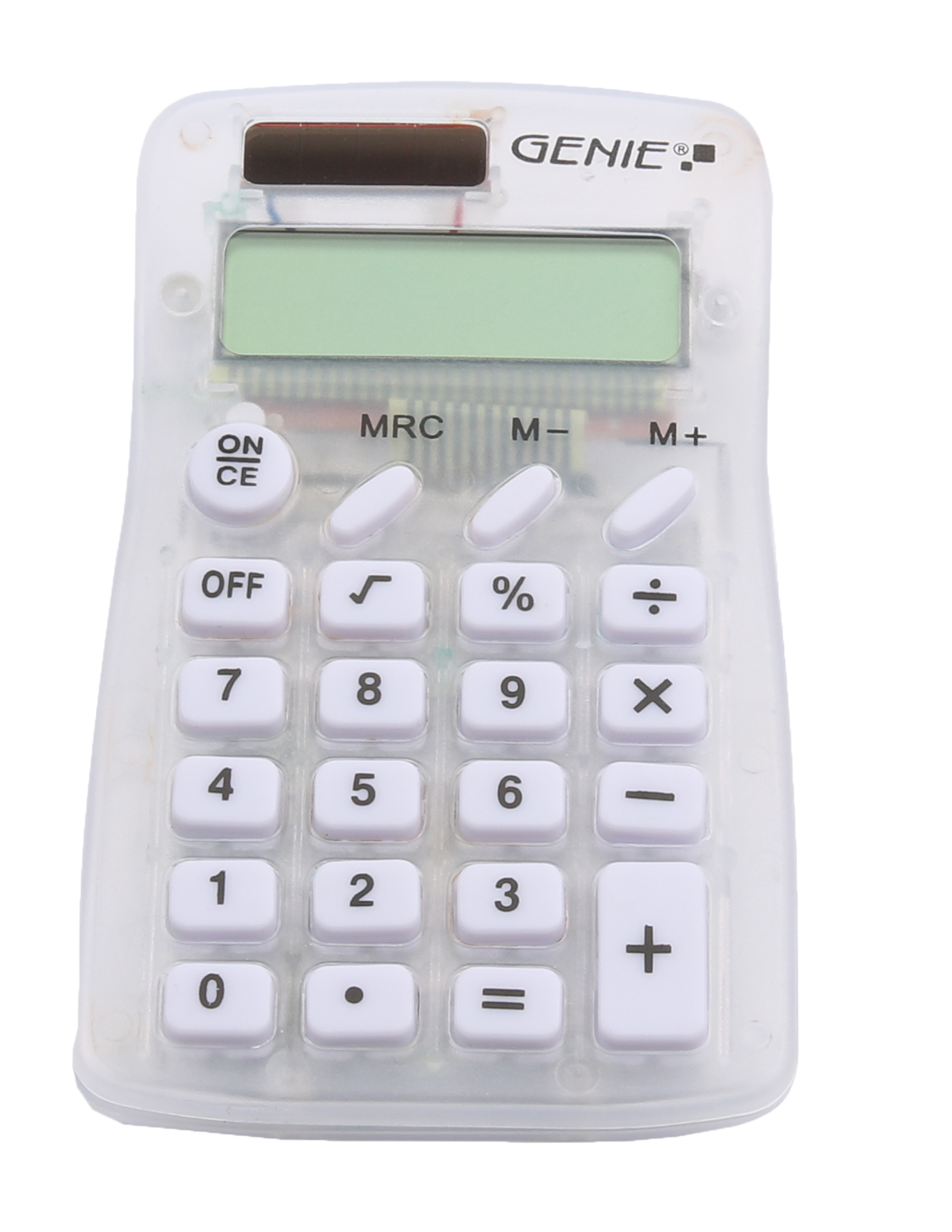 Compact pocket calculator with 8-digit display, translucent housing