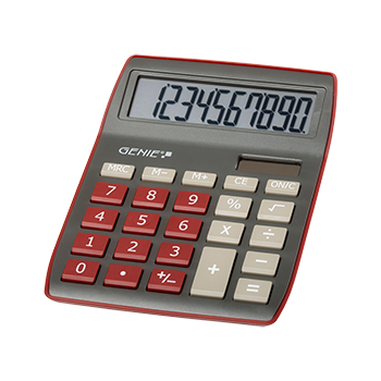 10-digit desktop calculator with dual power (solar and battery), dark red