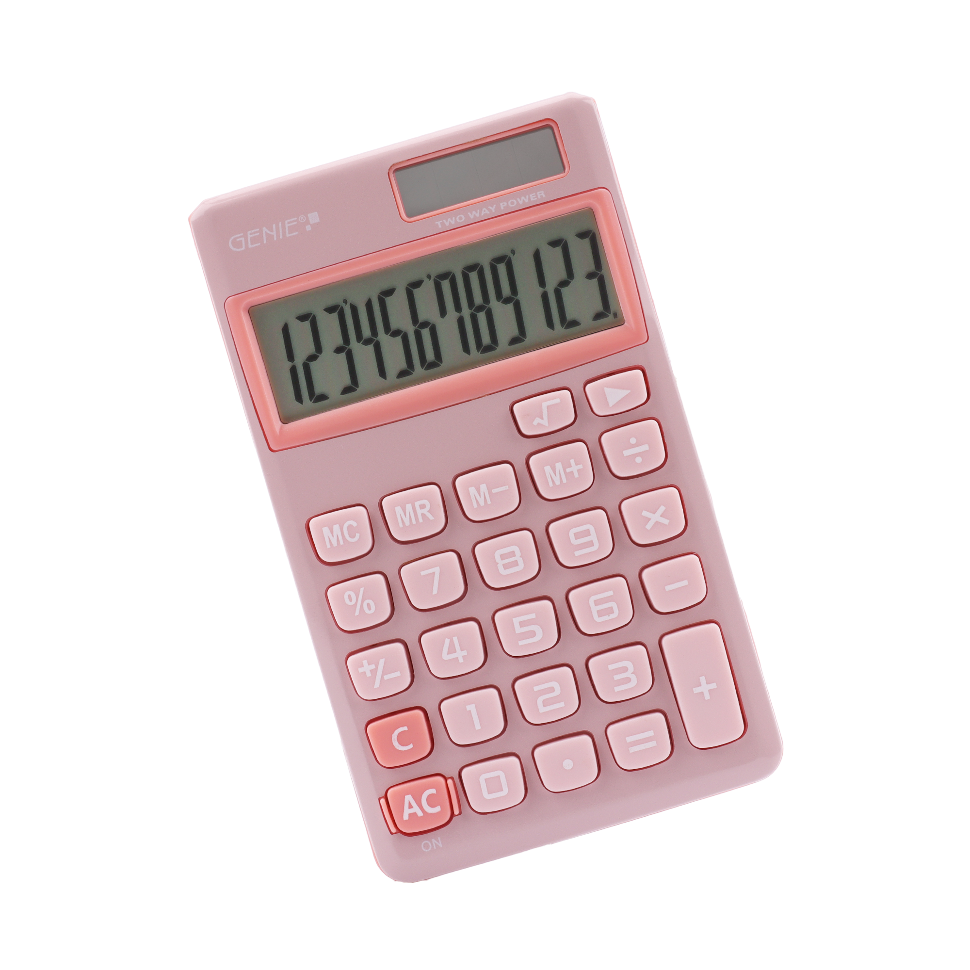 12-digit pocket calculator with dual power (solar and battery), pink