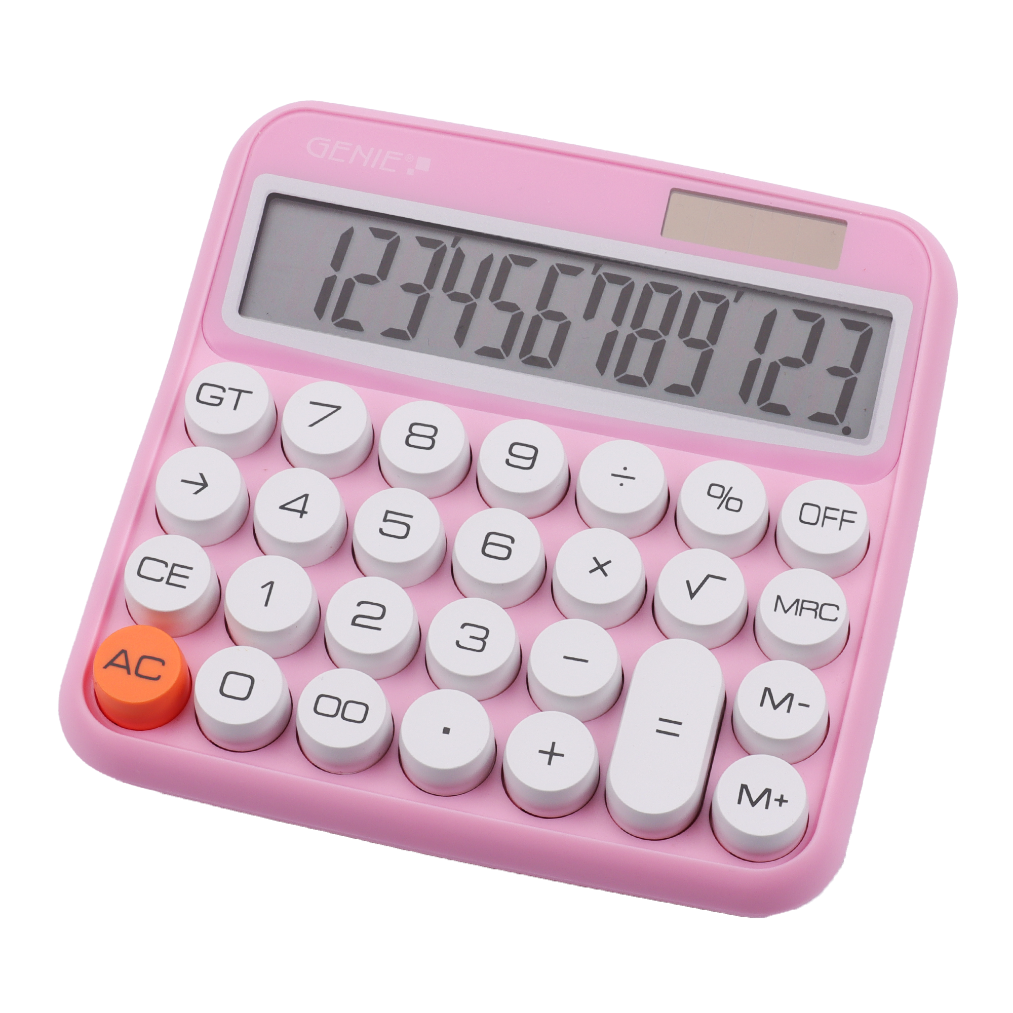 12-digit desktop calculator with dual power (solar and battery), pink