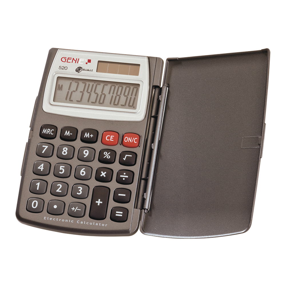 10-digit pocket calculator with dual power (solar and battery) and cover