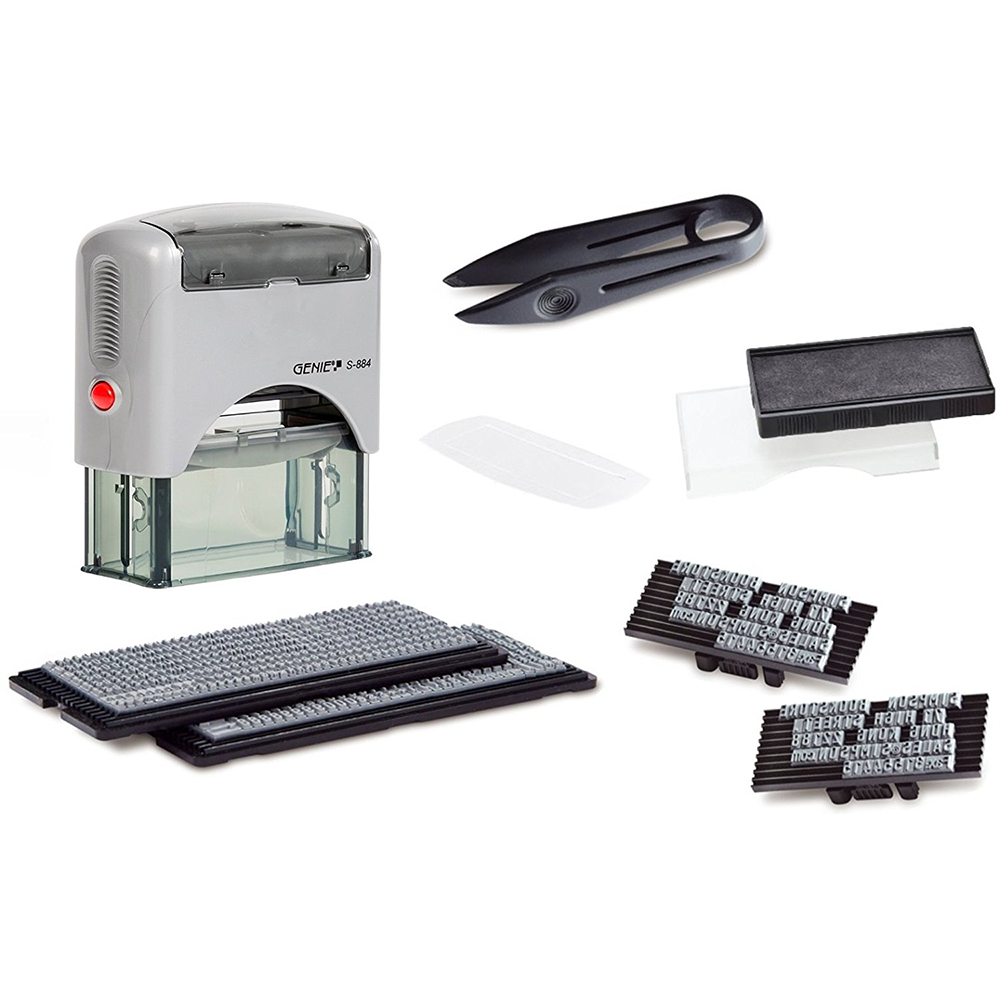 Self-inking stamp set with up to 5 lines