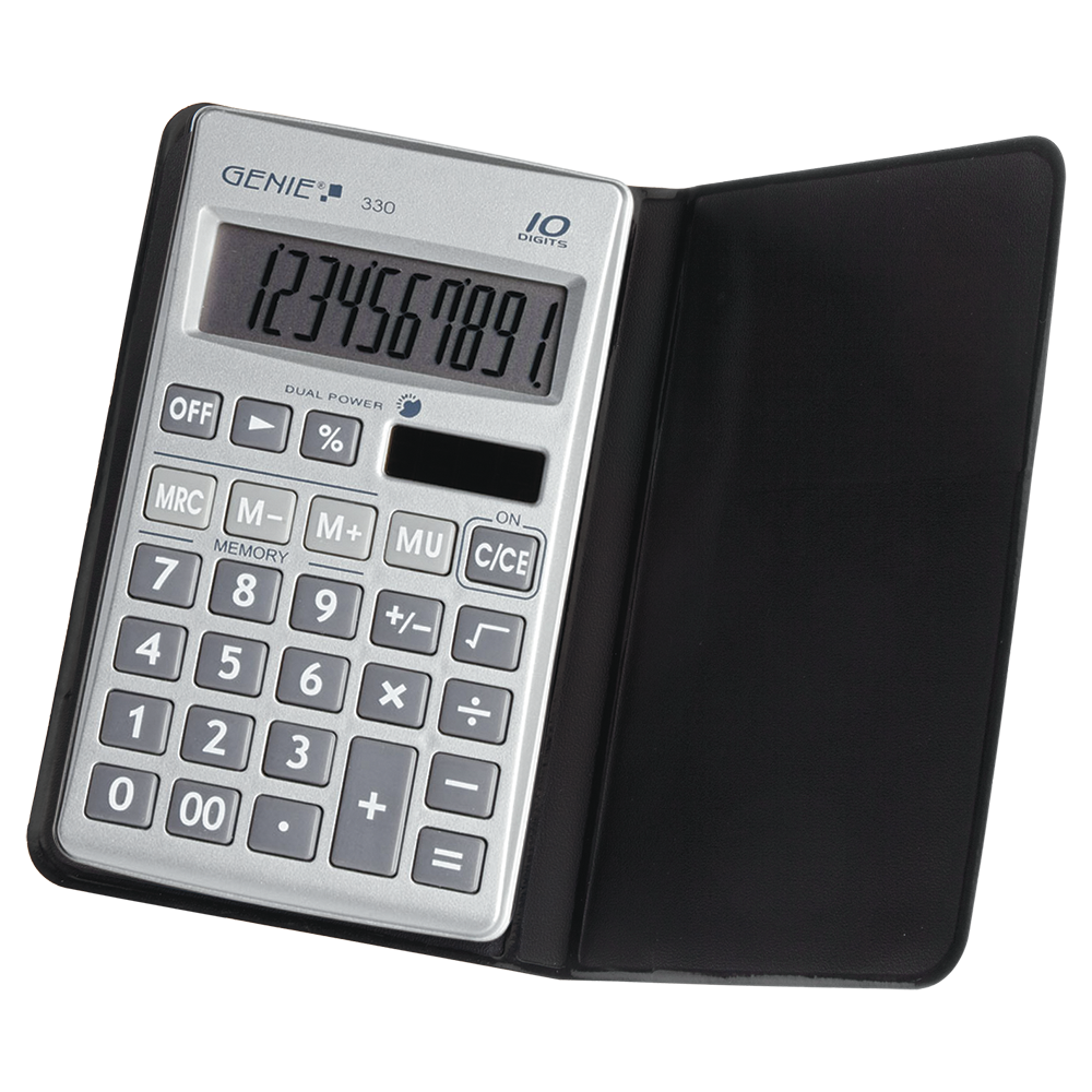 10-digit flat pocket calculator with dual power (solar and battery) and protective case