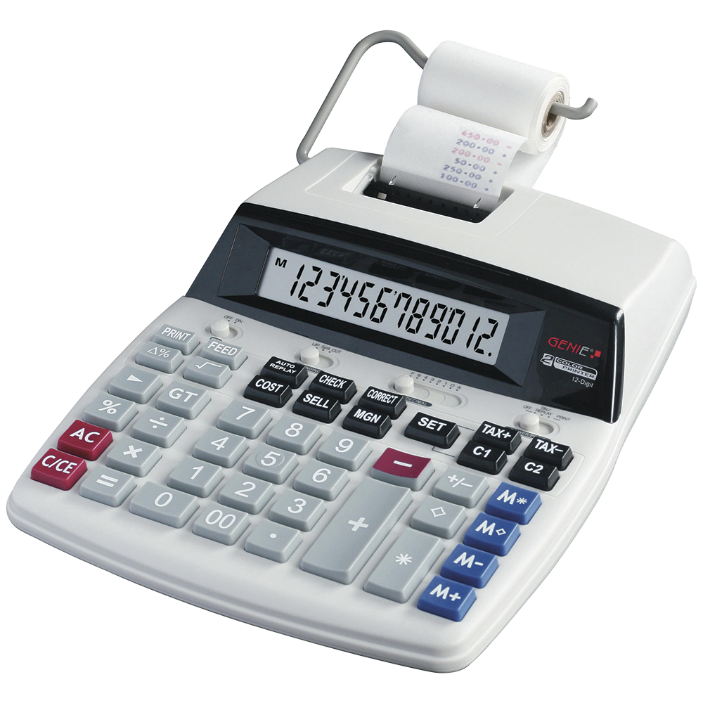 Printing desk calculator, 12-digit calculator with red and black print