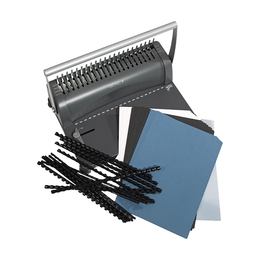 Spiral binding machine, including 75-piece starter set