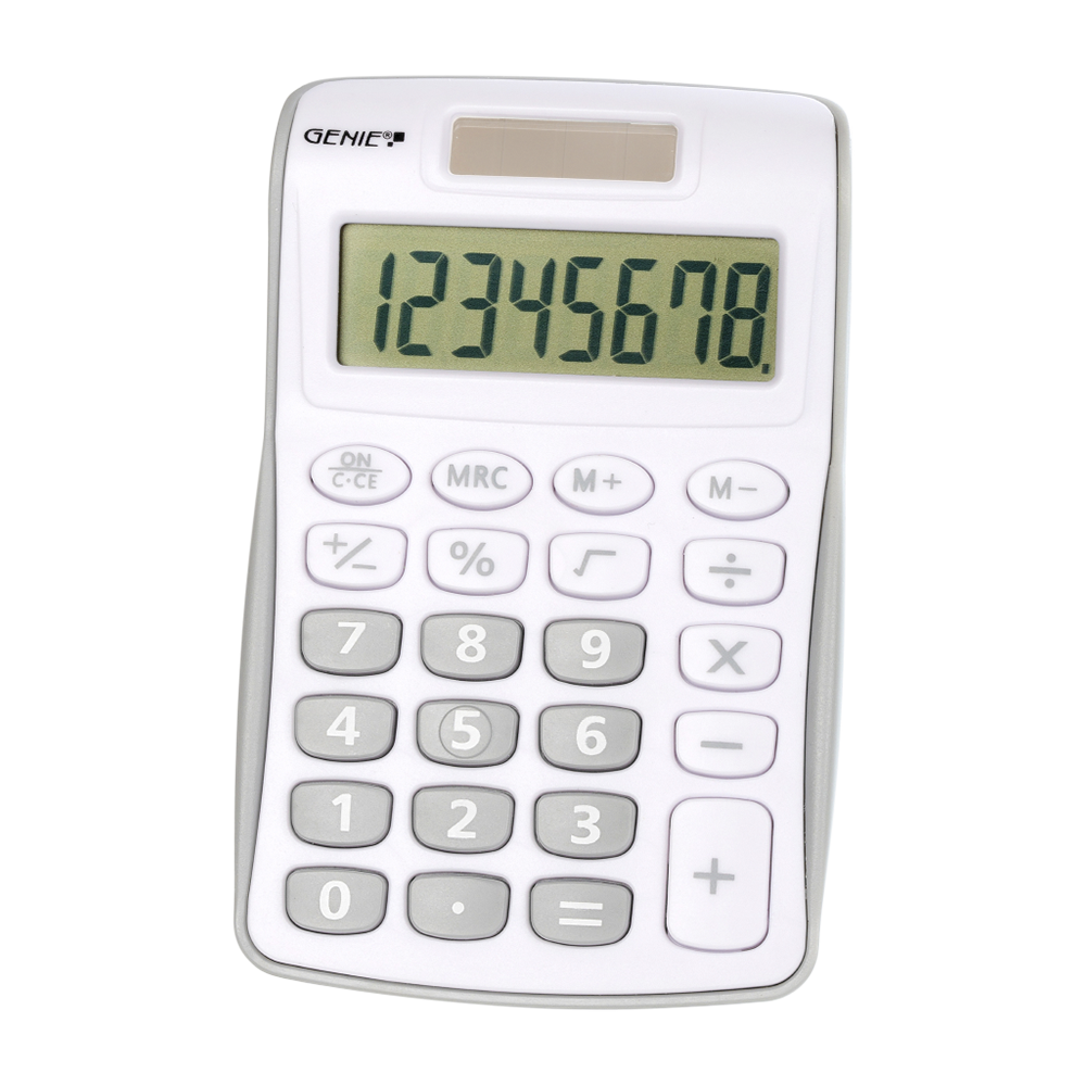 8-digit pocket calculator with dual power (solar and battery), grey