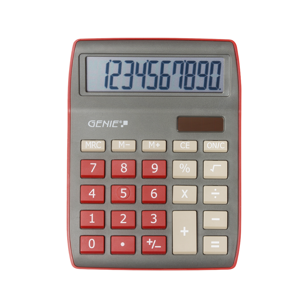 10-digit desktop calculator with dual power (solar and battery), dark red