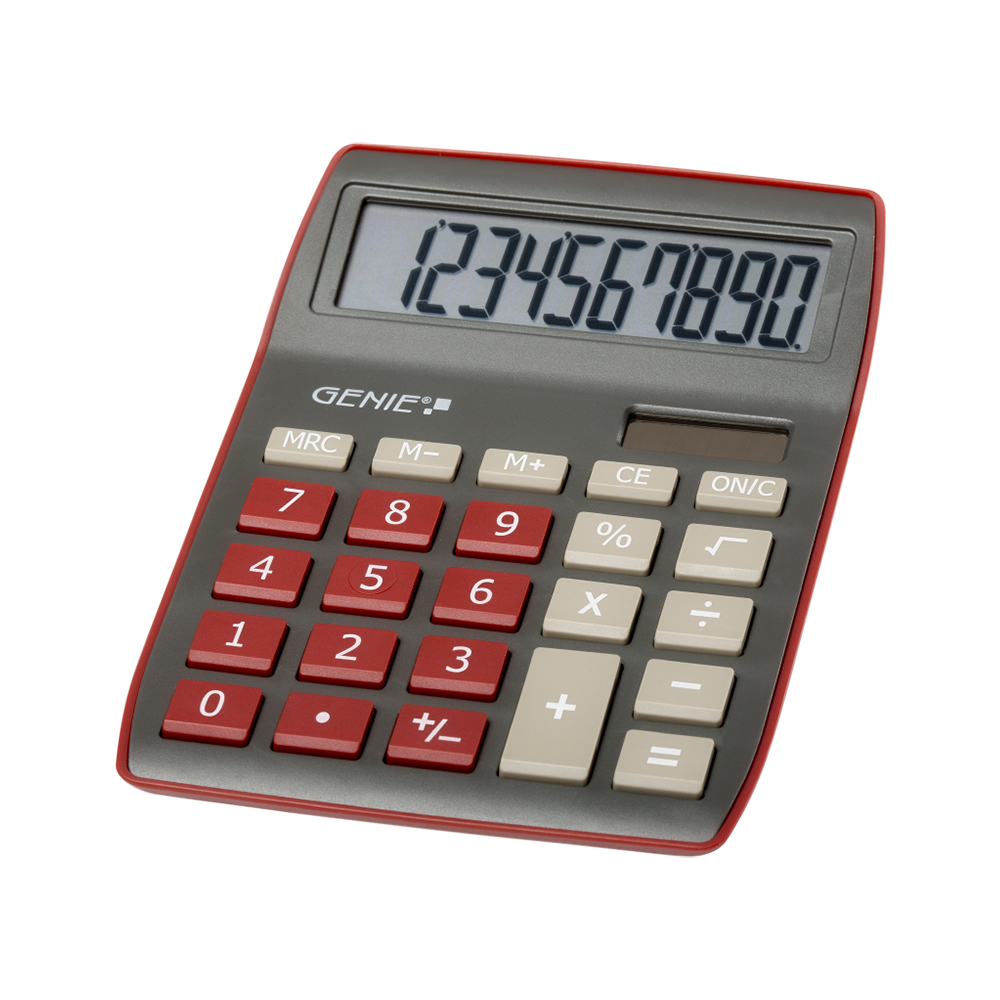 10-digit desktop calculator with dual power (solar and battery), dark red