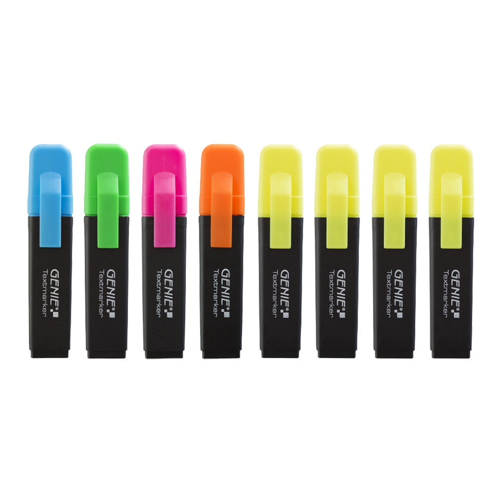 Text marker, sorted
4 x neon yellow and 1 x orange, pink, blue, green, with wedge tip, Pack of 8, width approx. 1 - 5 mm, individually removable