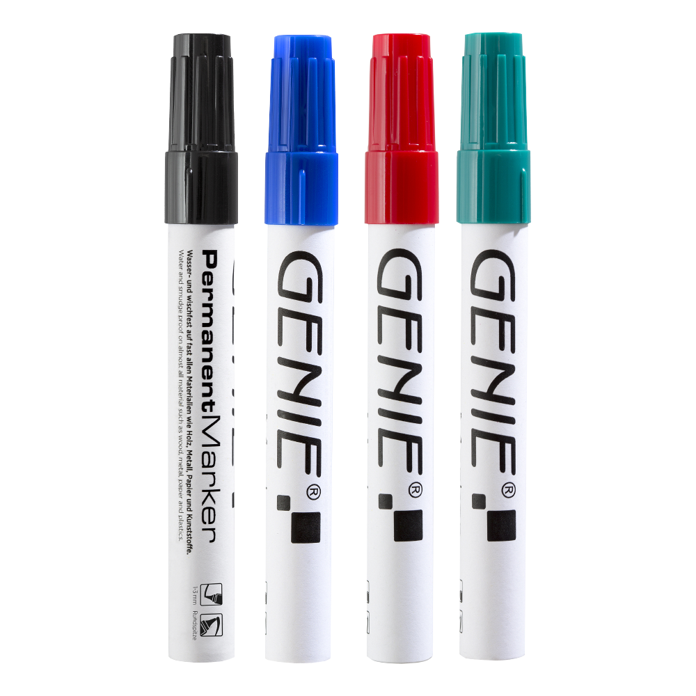 Permanent marker, sorted, with round tip and metal shank, stroke width 1 - 3 mm
Pack of 4: 1 x black, blue, red and green